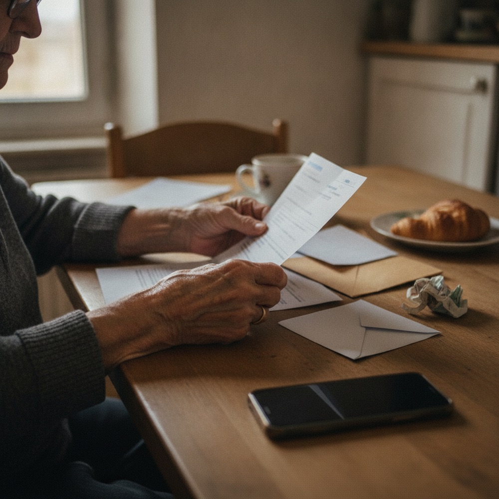Une personne âgée face à des courriers et des factures, le compte bloqué