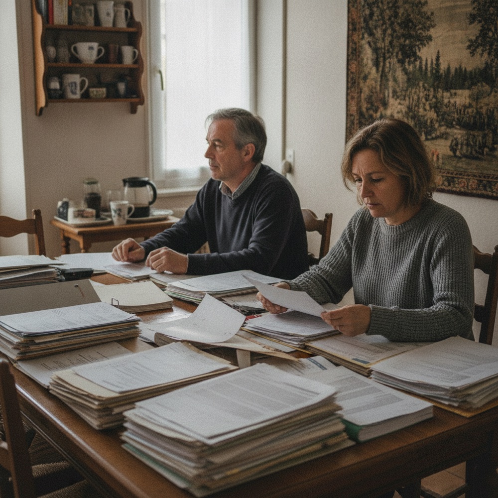 Deux proches à table, tendus, entourés de documents de succession