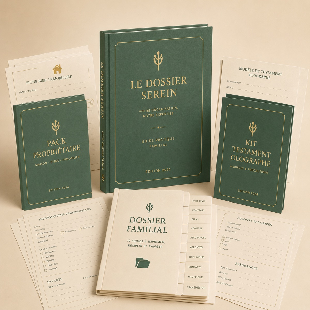 Le Pack Famille : le guide, le classeur familial, les fiches, le Pack Propriétaire et le Kit Testament Olographe